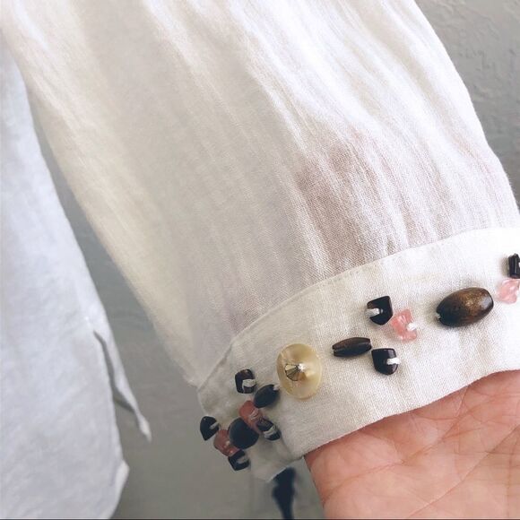 SHARON YOUNG - JEWELED - V NECKLINE - 3/4 SLEEVES LINEN BOHO BEADED BLOUSE B14 - Picture 4 of 10